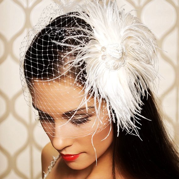 ivory bridal headpiece feather fascinator birdcage veil art deco wedding hair accessories - made to -f96663